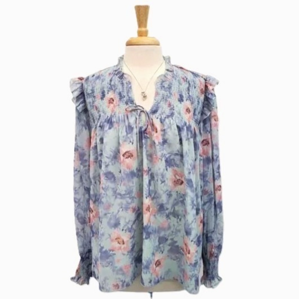 Grace + Karma Womens‎ 1X Pink Blue Floral Smocked Ruffle Long Sleeve Boho Blouse